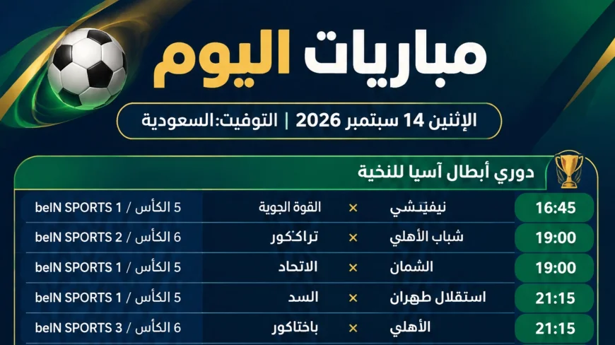 جدول مباريات اليوم 14 سبتمبر 2026 والقنوات الناقلة