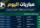 جدول مباريات اليوم 14 سبتمبر 2026 والقنوات الناقلة