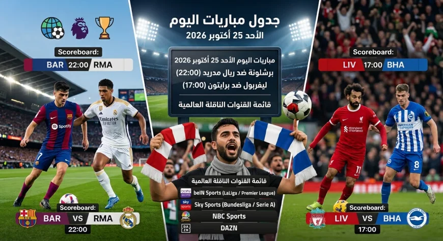 جدول مباريات الأحد 25 أكتوبر 2026 والقنوات الناقلة لها